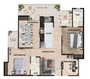 3 BHK + Study Room floor plan